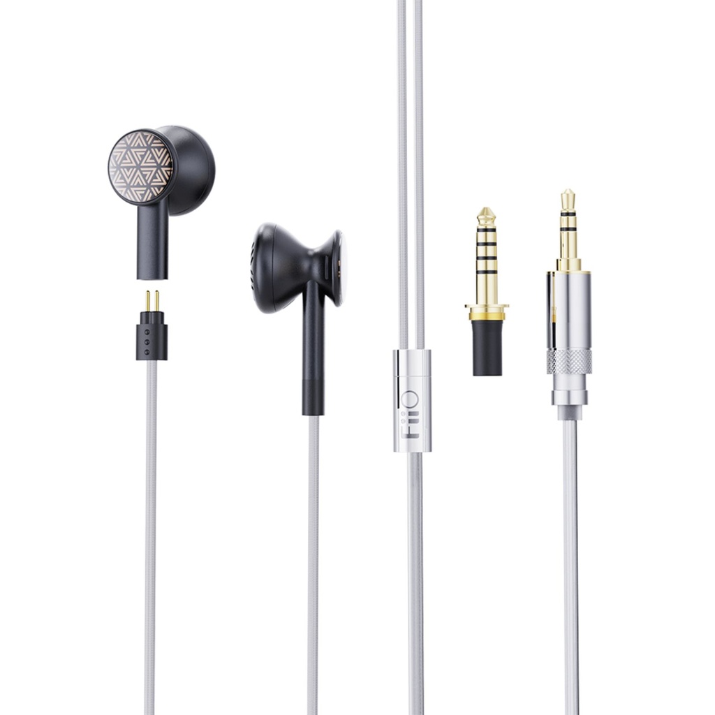 FiiO FF3S — earbuds “drum-type dual-cavity” · 14.2 mm dinámico · cable 0.78 mm 2-pin con plugs 3.5 / 4.4 mm intercambiables.