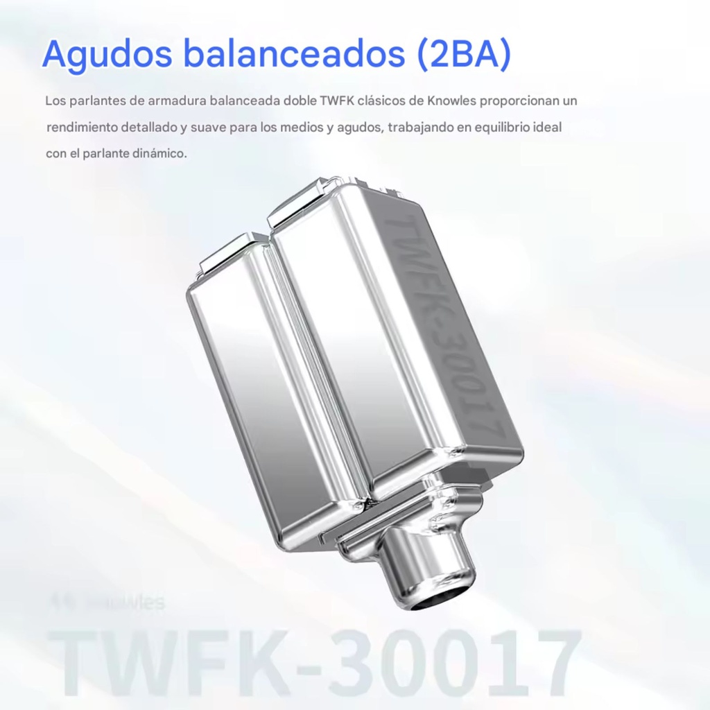 Shanling ME500 — IEM híbrido 1 Dynamic Driver (10 mm, dual magnet) + 2 Balanced Armatures Knowles · conector 0,78 mm 2-pin / MMCX · jack 3,5 mm SE.