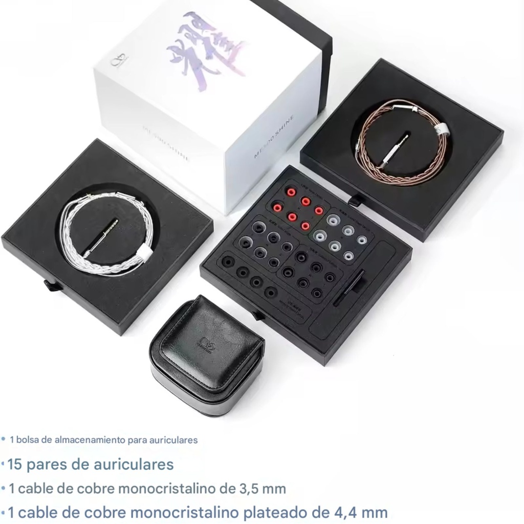 Shanling ME500 — IEM híbrido 1 Dynamic Driver (10 mm, dual magnet) + 2 Balanced Armatures Knowles · conector 0,78 mm 2-pin / MMCX · jack 3,5 mm SE.