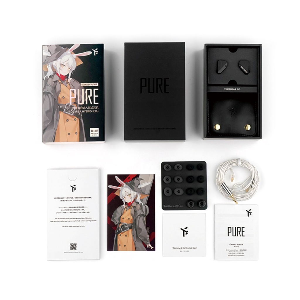 TRUTHEAR PURE — IEM híbrido 1 Dynamic (10 mm) + 3 Balanced Armature · cavidad DLP-3D (HeyGears) · conector 0,78 mm 2-pin (recessed) · cable coaxial OFC/plateado 3,5 mm SE.