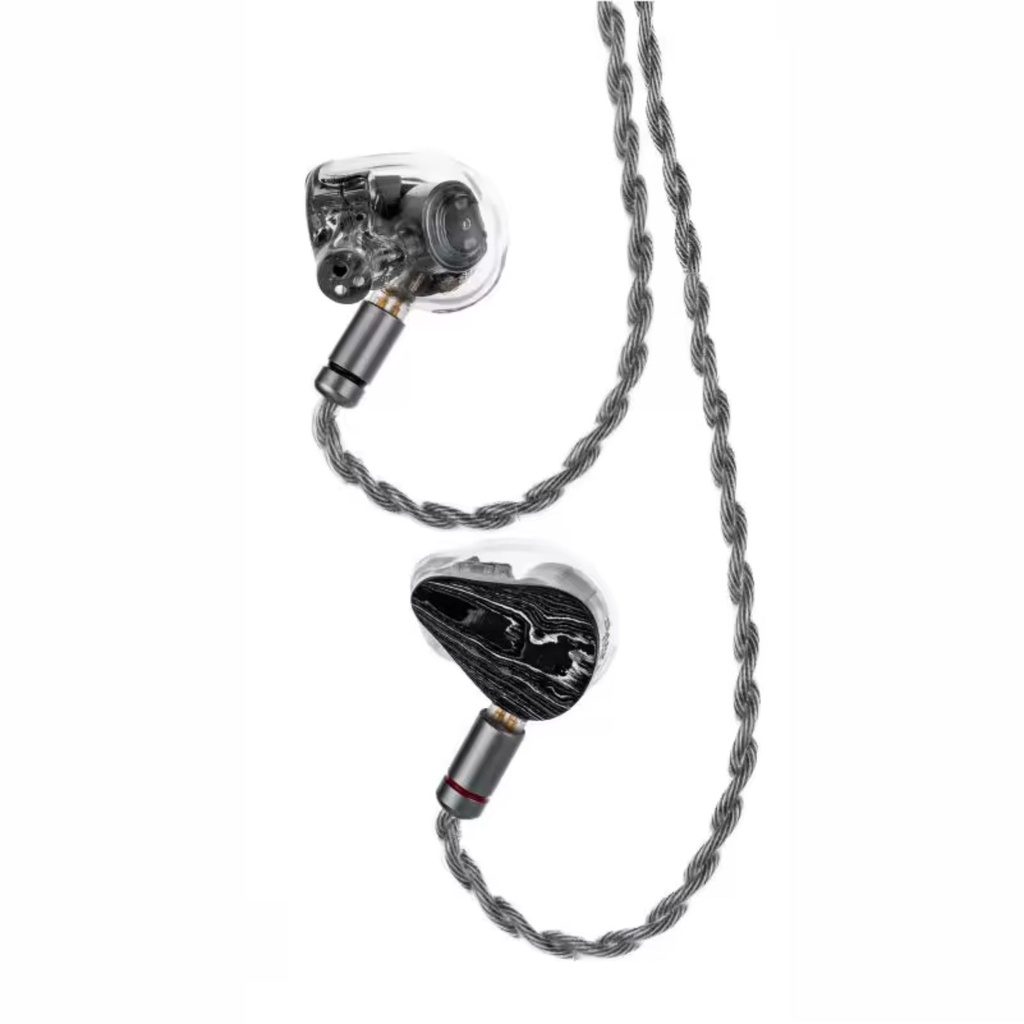 MOONDROP DARK SABER — IEM híbrido 2 Dynamic (10 mm + 10 mm, módulo “Horizontally-Opposed”) + 8 Balanced Armature (4 BA medios + 4 BA Knowles SWFK agudos) · alineación de fase full-band · conector 0,78 mm 2-pin · plug 3,5 mm SE.