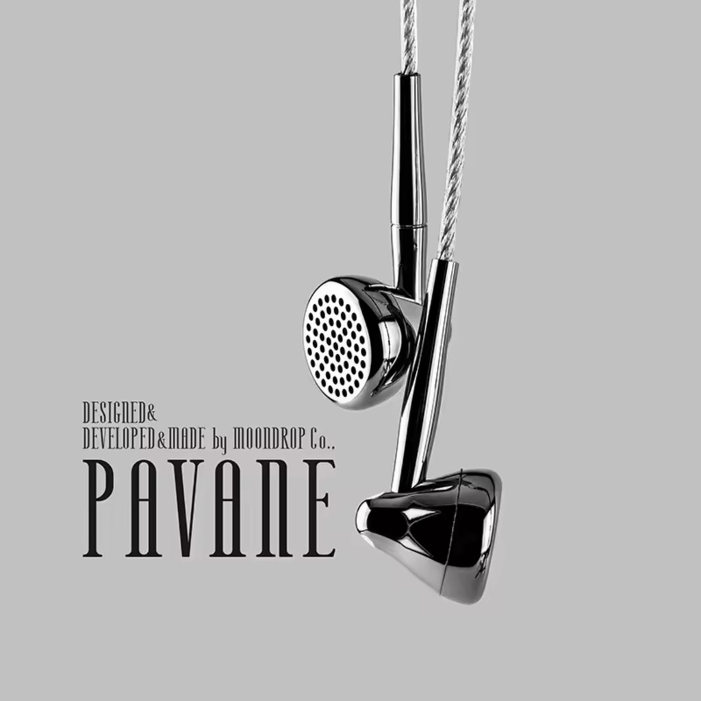 MOONDROP PAVANE — earbuds flat-head (abiertos) con driver dinámico 13,5 mm “external-magnetic long-stroke” · diafragma DLC composite (3ª gen) · cuerpo acero inoxidable · cable fijo con plugs 3,5 mm SE / 4,4 mm balanceado.