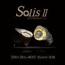 MOONDROP SOLIS II — IEM trihíbrido 2 Dynamic (10 mm) + 2 Balanced Armature + 4 EST · crossover de 3 vías · cavidad plata 925 con detalles 24K · 0,78 mm 2-pin · plug 3,5 mm SE (cable PURE6).