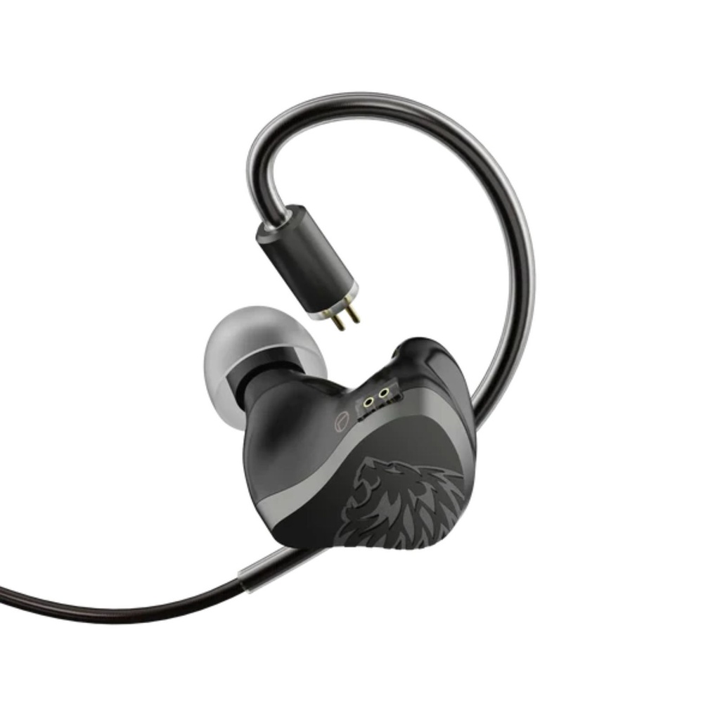 HiBy Yvain — IEM Quad-BA (4 Balanced Armature por lado) · crossover electrónico de 3 vías · cámara acústica independiente 3-canales · 0,78 mm 2-pin · cable OCC Litz con plugs intercambiables.