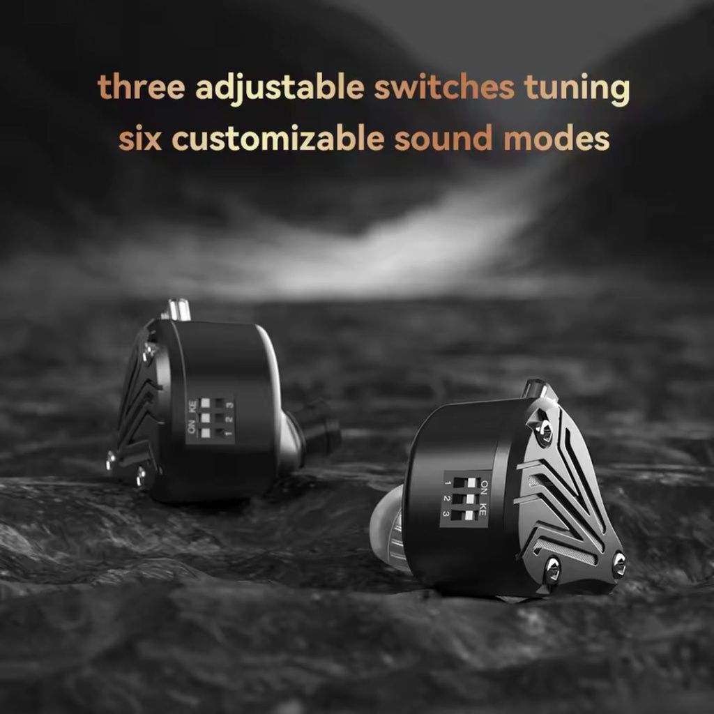 TRN BAX Pro — IEM híbrido 1 Dynamic (10 mm, 4ª gen, diafragma berilio) + 2 Balanced Armature (Knowles) + 2 EST (Sonion) · 3 micro-switches con 6 modos de afinación · carcasa aluminio-magnesio CNC · 0,78 mm 2-pin · cable 8 hebras OCC con plugs 3,5 / 2,5 / 4,4 mm.