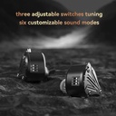 TRN BAX Pro — IEM híbrido 1 Dynamic (10 mm, 4ª gen, diafragma berilio) + 2 Balanced Armature (Knowles) + 2 EST (Sonion) · 3 micro-switches con 6 modos de afinación · carcasa aluminio-magnesio CNC · 0,78 mm 2-pin · cable 8 hebras OCC con plugs 3,5 / 2,5 / 4,4 mm.