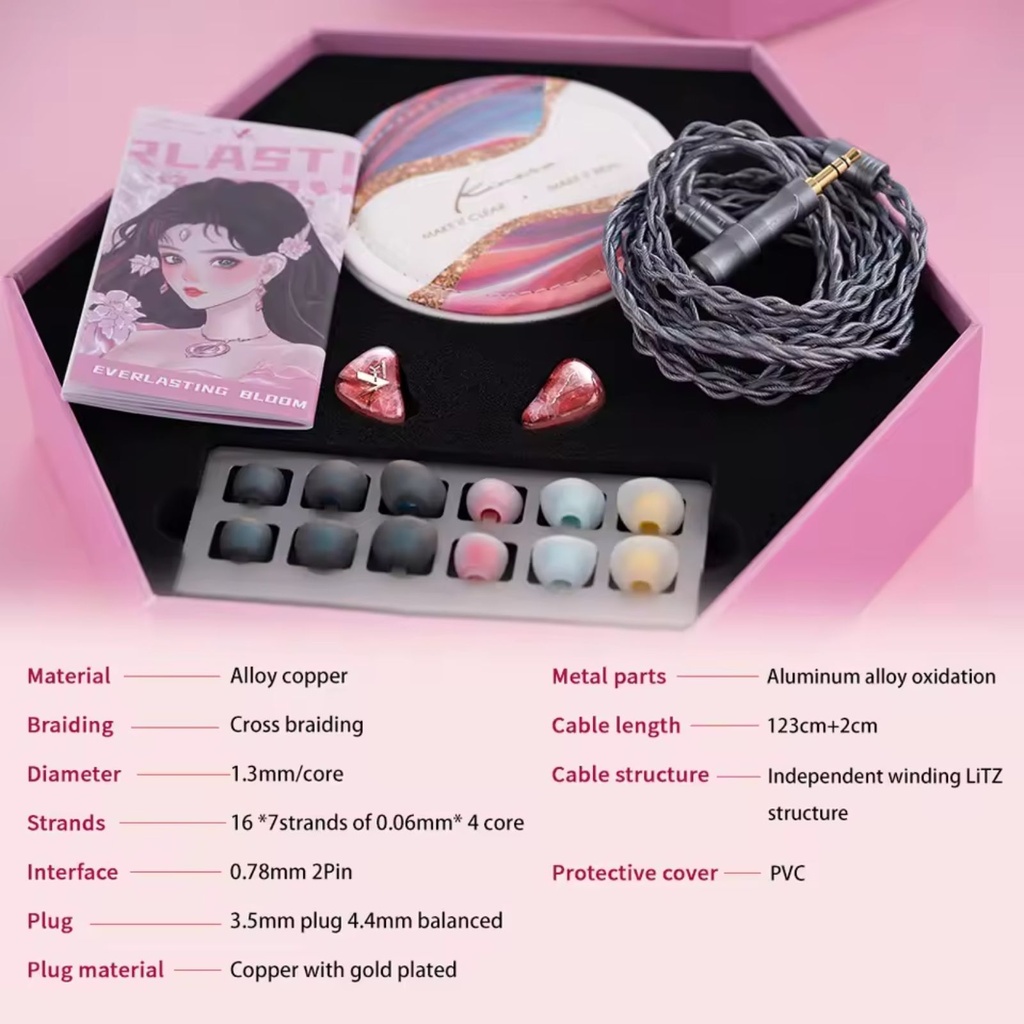 Kinera Freya 2.0 — IEM híbrido 1 Dynamic (7 mm) + 3 Balanced Armature Knowles · crossover 3+1 con 3 tubos acústicos · 0,78 mm 2-pin · cable Litz de cobre aleado (4 hebras) con plugs intercambiables 3,5 mm / 4,4 mm.