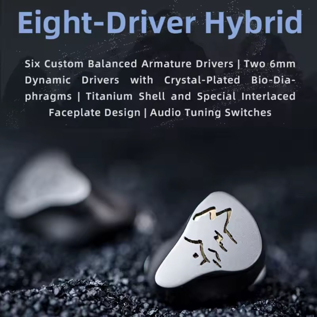 SHANLING ME900 — IEM híbrido 2 Dynamic (6 mm, Crystal-Plated Bio-diaphragm) + 6 Balanced Armature · doble switch (ajuste de graves y agudos) · cuerpo de titanio · MMCX · cable Furukawa 8 hebras con plugs 3,5 / 2,5 / 4,4 mm.