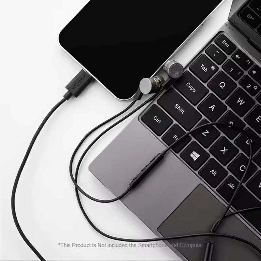 MOONDROP MARIGOLD — IEM dinámico 10 mm (doble cavidad) con domo plateado en berilio · USB-C con DAC integrado 32-bit/384 kHz · micrófono MEMS + cancelación de ruido por IA (NPU) · control en línea de 3 botones · estilo neckband.