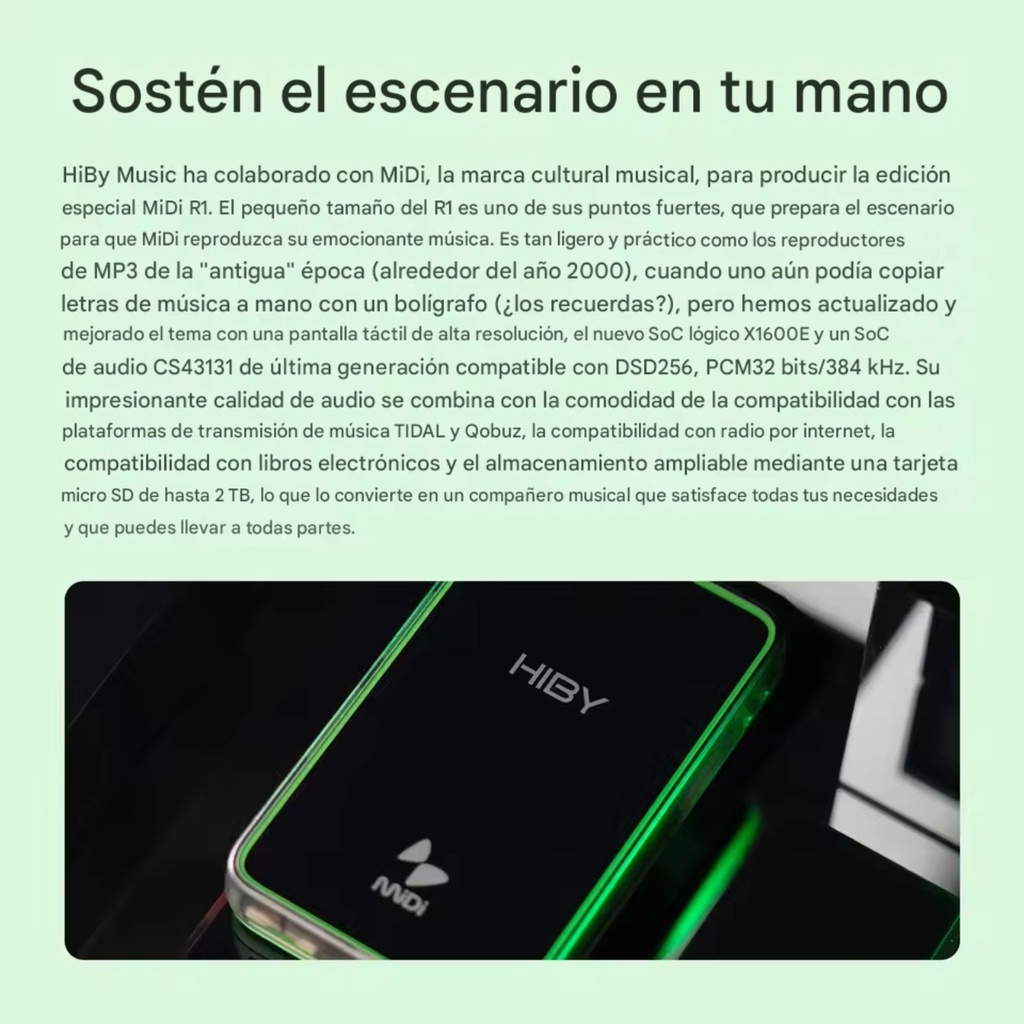 HiBy R1 × MiDi (Rock Edition) — DAP Hi-Fi ultracompacto con pantalla táctil de 3", DAC Cirrus Logic CS43131, HiBy OS, Wi-Fi y Bluetooth 5.1, microSD hasta 2 TB, salida 3,5 mm. Edición especial MiDi Rock con estética exclusiva.
