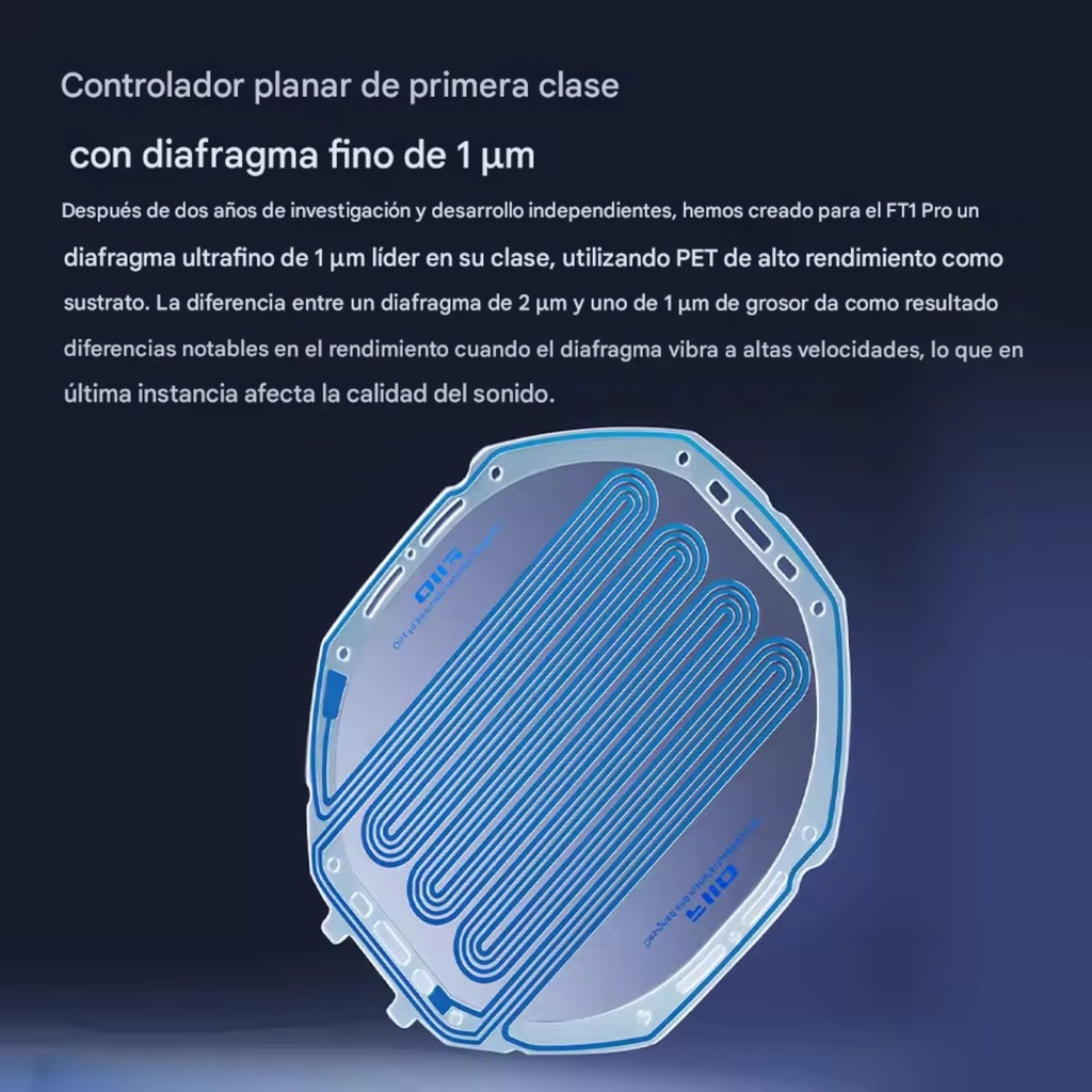 FiiO FT1 Pro — audífono over-ear abierto con driver planar magnético 95×86 mm (diafragma ultrafino 1 µm con doble recubrimiento zafiro + aluminio), 20 Ω, 112 dB/Vrms (95 dB/mW), 7–40 kHz, ≈374 g, cables SPC 3,5 mm y 4,4 mm (según pack) y estuche rígido.