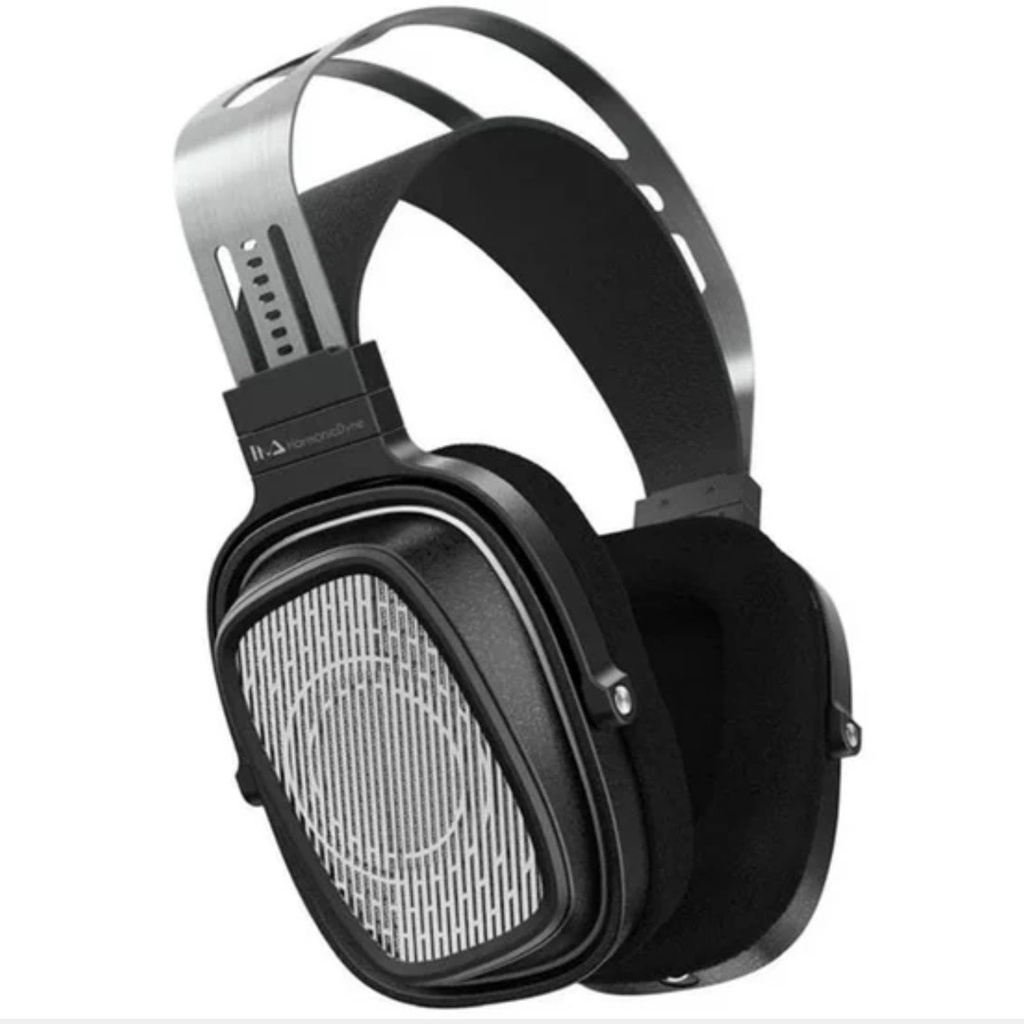 HarmonicDyne BAROQUE — over-ear abierto con driver dinámico 60 mm (diafragma cerámico-metálico) · 64 Ω · 109 dB/Vrms · 10–50 kHz · THD ≤0,2% · cables 3,5 mm SE y 4,4 mm BAL · cámaras CNC en aleación grado aeroespacial.