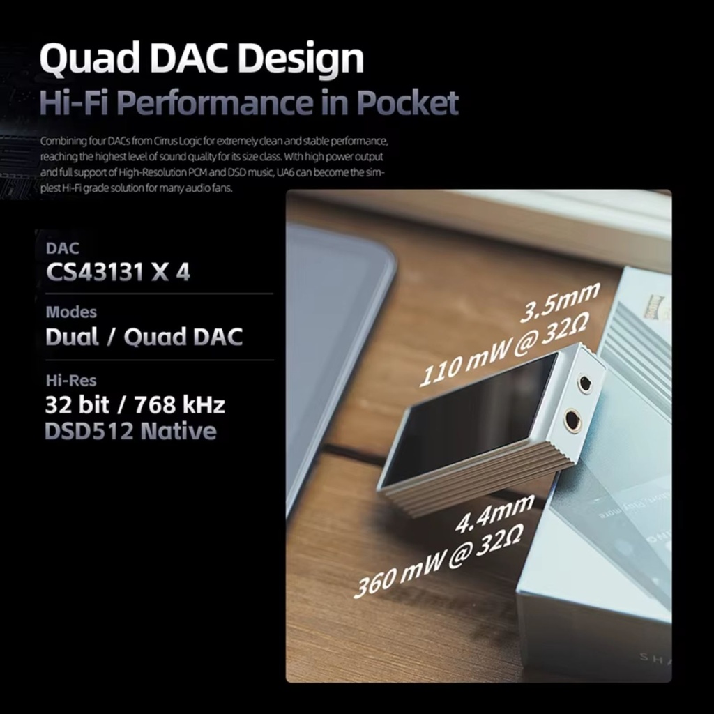 Shanling UA6: Dongle DAC/AMP Flagship | Quad DAC (4 x CS43131) | 361mW Potencia | Sistema de Energía Híbrido | Pantalla OLED 1.3" | Salida 3.5mm y 4.4mm