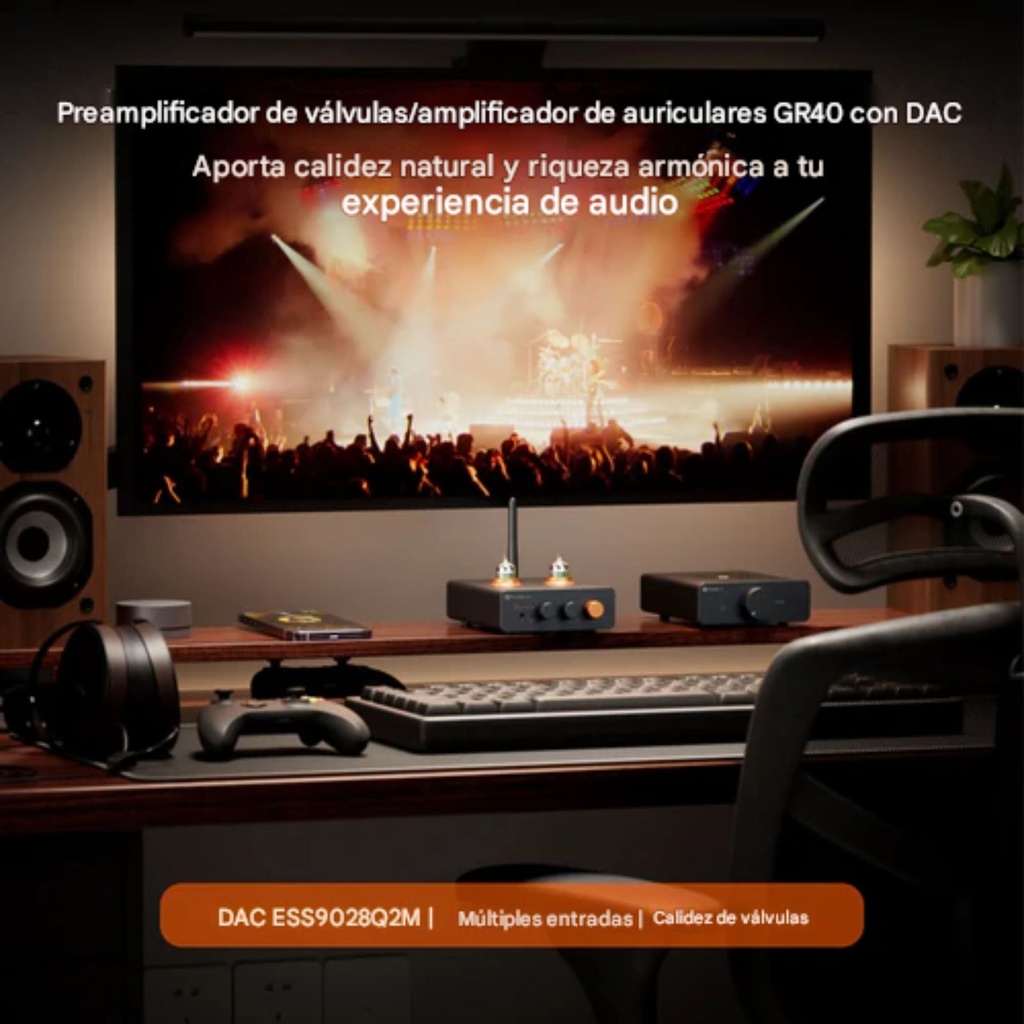 Fosi Audio GR40: DAC/AMP de Tubos para Escritorio | ESS9028Q2M | Válvulas GE 5654W | Bluetooth 5.1 aptX HD | Controles de Tono Físicos | Salida RCA / 3.5mm