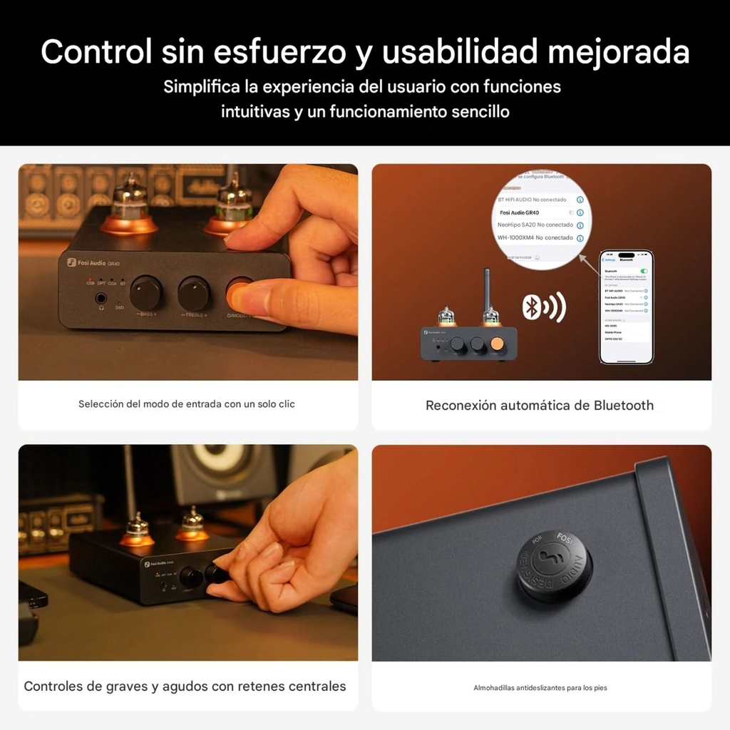 Fosi Audio GR40: DAC/AMP de Tubos para Escritorio | ESS9028Q2M | Válvulas GE 5654W | Bluetooth 5.1 aptX HD | Controles de Tono Físicos | Salida RCA / 3.5mm