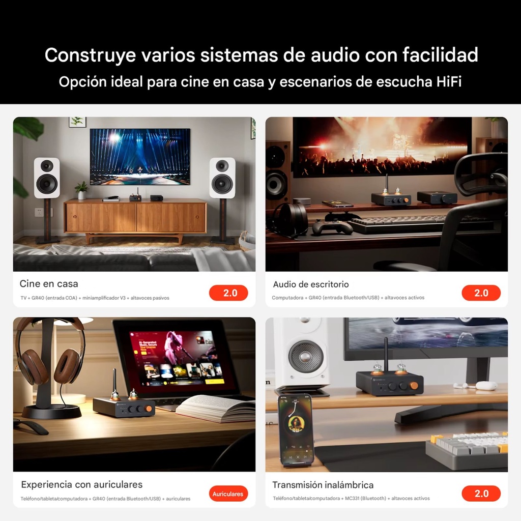 Fosi Audio GR40: DAC/AMP de Tubos para Escritorio | ESS9028Q2M | Válvulas GE 5654W | Bluetooth 5.1 aptX HD | Controles de Tono Físicos | Salida RCA / 3.5mm