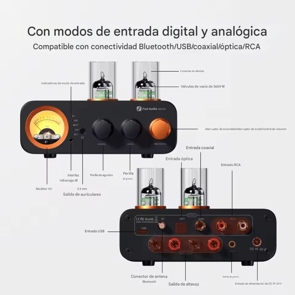 Fosi Audio MC331: Amplificador Integrado a Tubos con DAC | 105W x 2 | Medidor VU | Bluetooth | Para Parlantes Pasivos y Audífonos