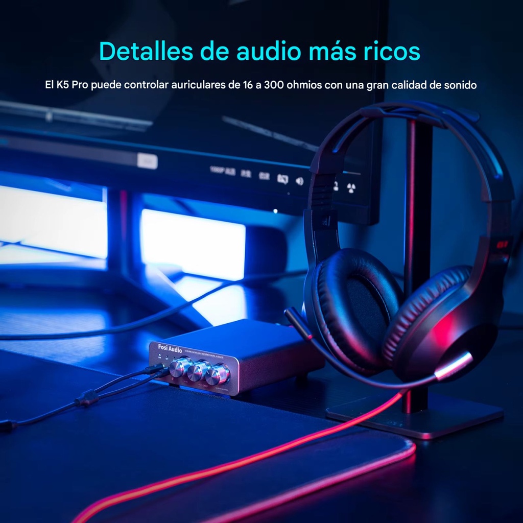 Fosi Audio K5 Pro: DAC/AMP Gamer de Escritorio | Entrada de Micrófono | Controles Bass/Treble | 1000mW Potencia | Soporte PC / PS5 / Mac