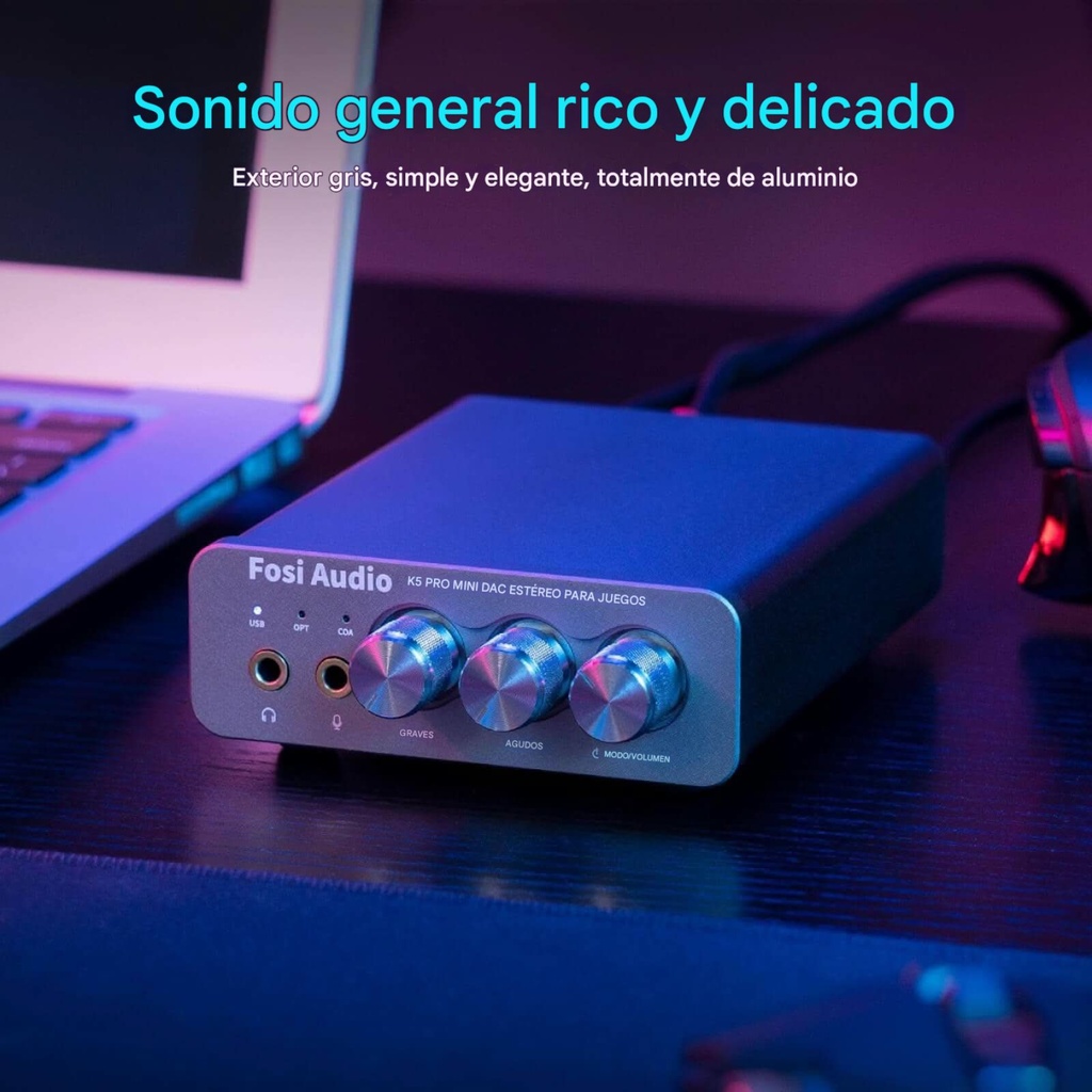 Fosi Audio K5 Pro: DAC/AMP Gamer de Escritorio | Entrada de Micrófono | Controles Bass/Treble | 1000mW Potencia | Soporte PC / PS5 / Mac