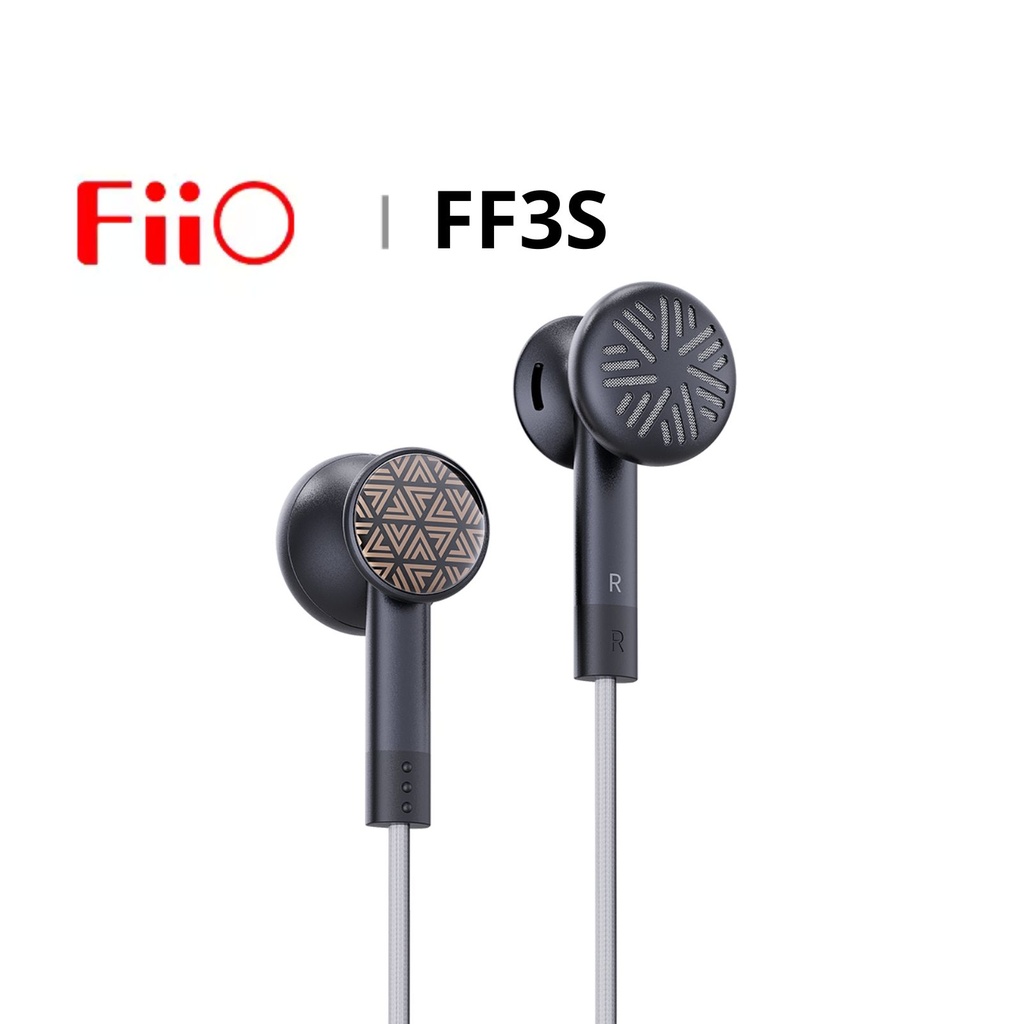 FiiO FF3S — earbuds “drum-type dual-cavity” · 14.2 mm dinámico · cable 0.78 mm 2-pin con plugs 3.5 / 4.4 mm intercambiables.