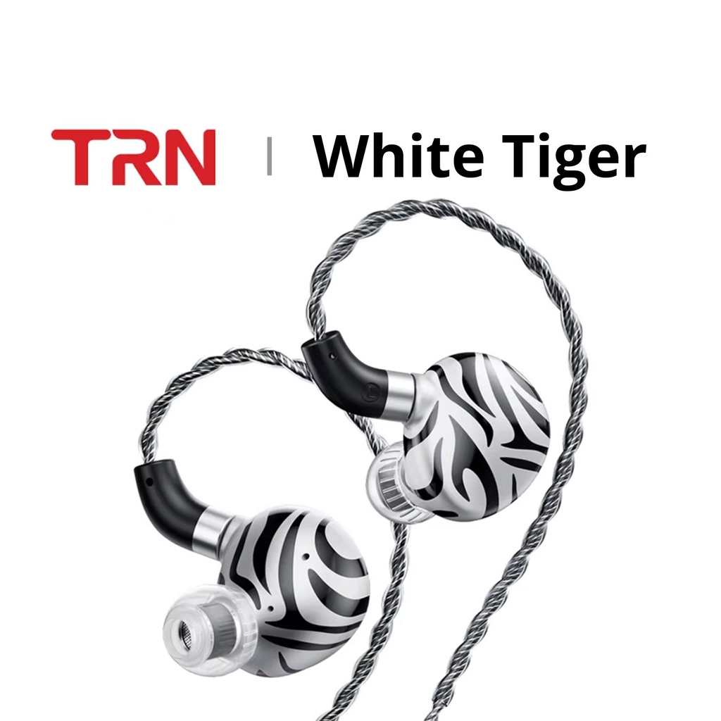 TRN White Tiger — IEM híbrido Dual Dynamic Drivers + Planar · drivers dinámicos de 10,5 mm + 8 mm + planar de 6 mm · conectores 0,78 mm 2-pin · plugs intercambiables 3,5 mm / 4,4 mm.