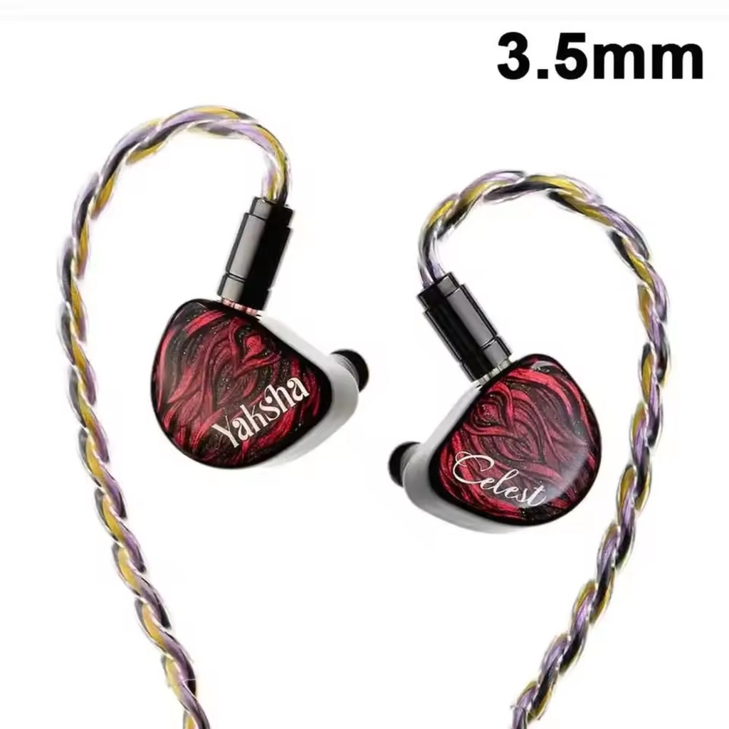 Kinera Celest Yaksha — IEM híbrido 2 DD + 1 BA + 1 Micro-Planar Driver · conector 0,78 mm 2-pin · plugs 3,5 mm / 4,4 mm.