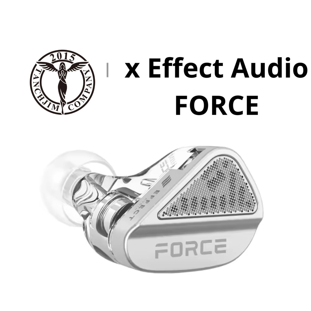 TANCHJIM x Effect Audio FORCE — IEM dual Dynamic Driver (10 mm + 8,2 mm) · tecnología DMT4 Ultra · crossover HPFD-SEF de segmentación precisa · 0,78 mm 2-pin (compatible 4-pin) · cable Effect Audio UP-OCC plateado con plugs 3,5 mm / 4,4 mm / USB-C (DSP).
