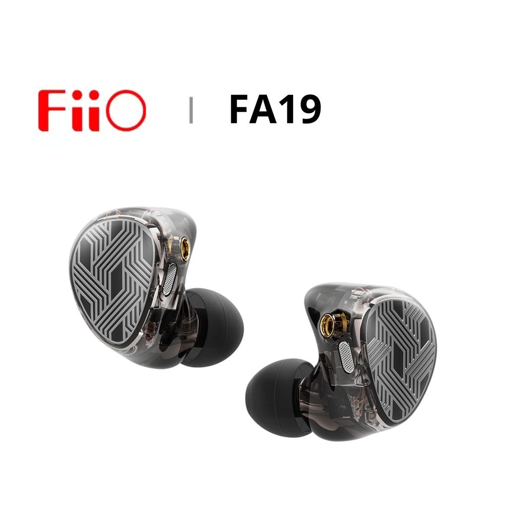 FiiO FA19 — IEM all-BA (10 × Knowles BA por lado) · crossover con condensadores Rubycon + filtro notch de medios · sistema de refuerzo de graves por retroalimentación negativa (S.Turbo) · conector MMCX · cable de plata pura 8 hebras con plugs 3,5 mm / 4,4 mm.