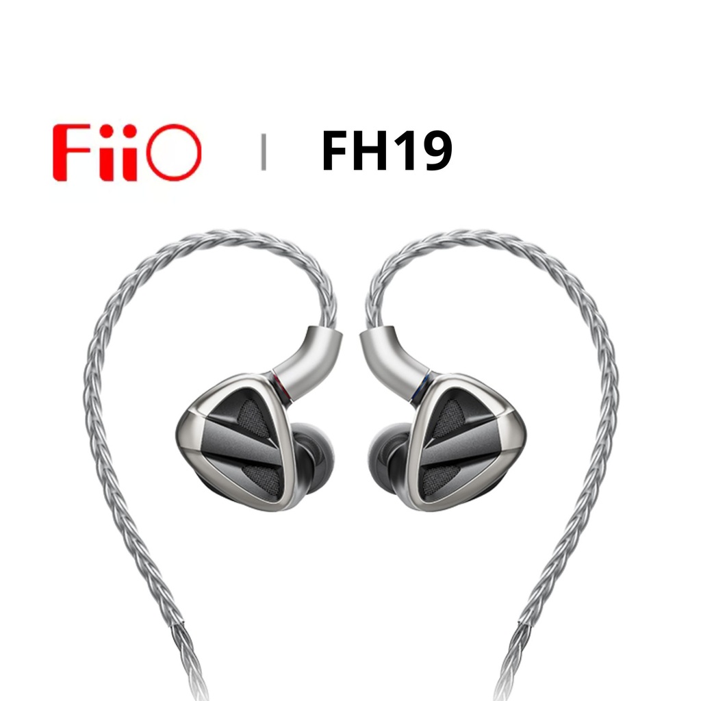 FiiO FH19 — IEM híbrido 2DD push-pull + 6 BA Knowles · diseño semi-abierto · filtro notch en medios · S.Turbo para graves · conector MMCX · cable de plata pura 8 hebras con plugs 3,5 / 4,4 mm.