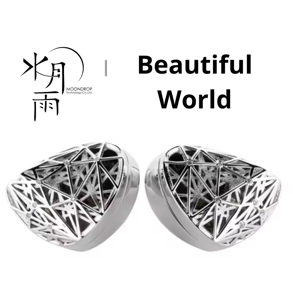 MOONDROP Beautiful World — IEM single Dynamic 10 mm (ULT-Pro, diafragma DLC 3ª gen) · carcasa plata con recubrimiento de platino e incrustaciones VS jewel · 0,78 mm 2-pin (recessed) · cable de plata monocristalina con plugs intercambiables.