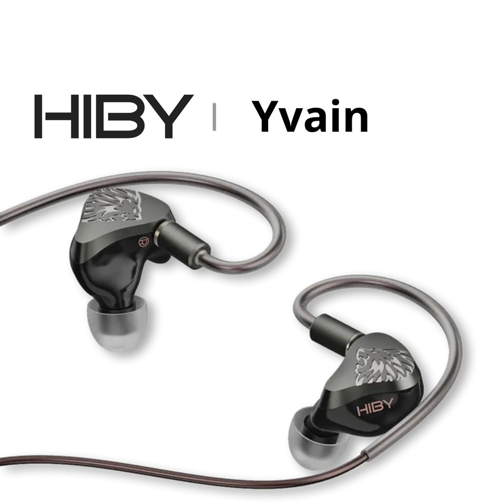 HiBy Yvain — IEM Quad-BA (4 Balanced Armature por lado) · crossover electrónico de 3 vías · cámara acústica independiente 3-canales · 0,78 mm 2-pin · cable OCC Litz con plugs intercambiables.