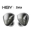 HiBy Zeta — IEM trihíbrido 1DD (10 mm liquid silicone) + 4BA (Knowles/Sonion) + 4 EST Sonion · crossover real de 5 vías + 5 cámaras/tubos acústicos independientes · estructura “Spatial Harmonic Enhancement” · carcasa de titanio CNC · 0,78 mm 2-pin · cable OCC 8 hebras Litz con terminación 4,4 mm balanceada.