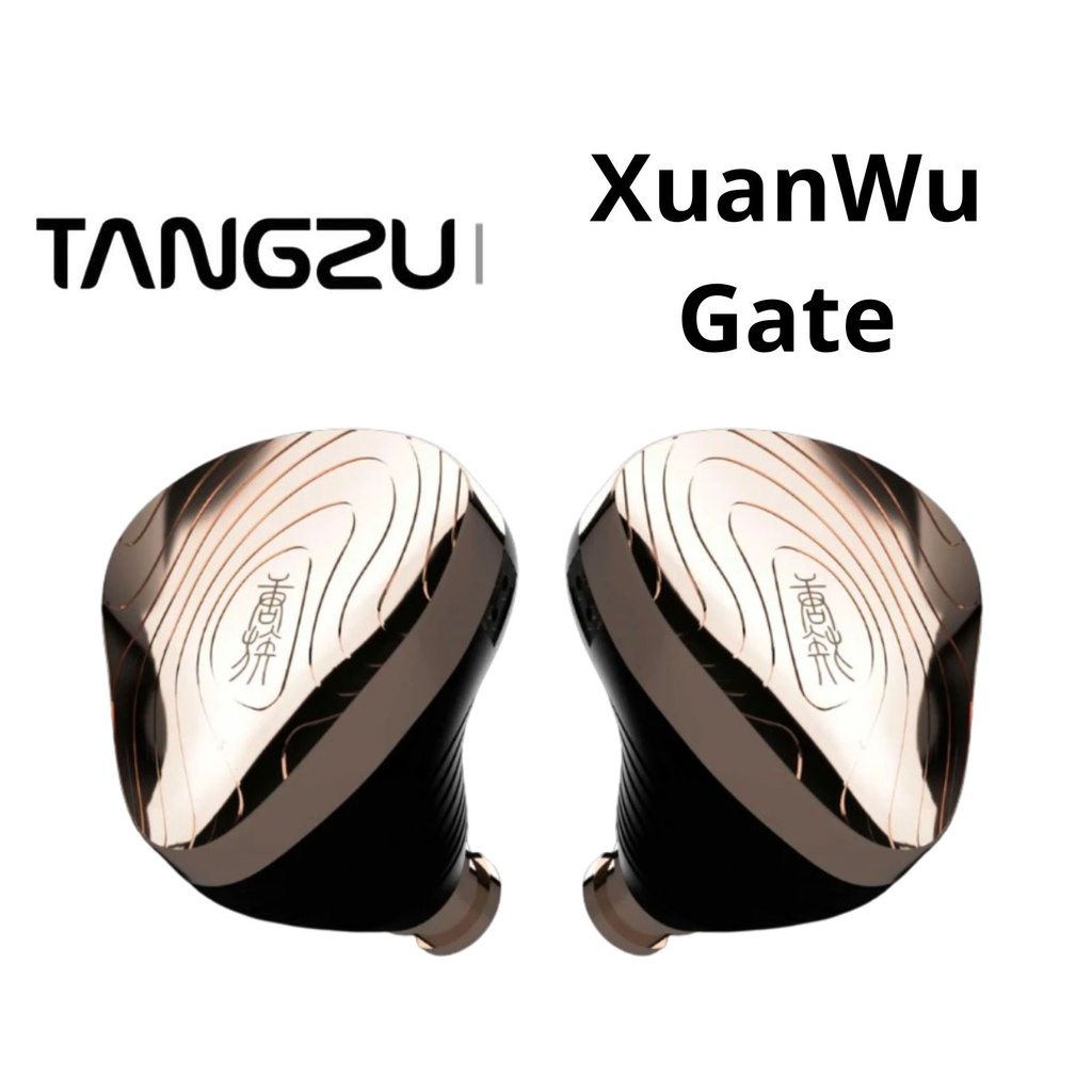 TANGZU XuanWu Gate — IEM trihíbrido 1 Dynamic + 4 Balanced Armature + 2 EST Sonion · cavidad aluminio aeroespacial CNC · 0,78 mm 2-pin · cable cobre monocristalino (8 hilos, 98 cores) con plugs intercambiables 3,5 mm / 4,4 mm.
