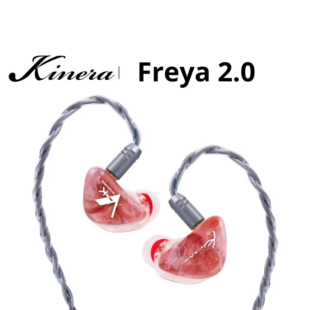 Kinera Freya 2.0 — IEM híbrido 1 Dynamic (7 mm) + 3 Balanced Armature Knowles · crossover 3+1 con 3 tubos acústicos · 0,78 mm 2-pin · cable Litz de cobre aleado (4 hebras) con plugs intercambiables 3,5 mm / 4,4 mm.