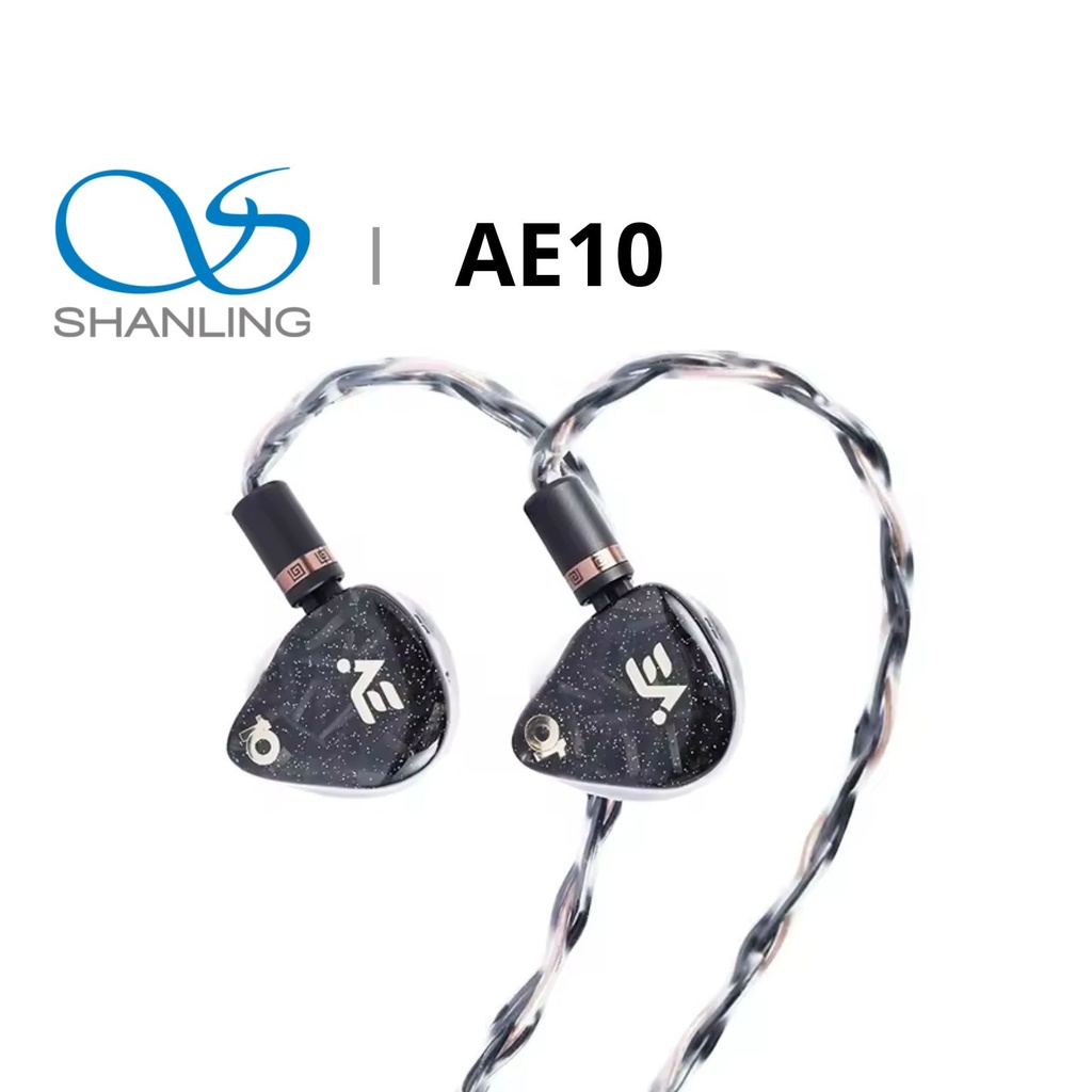 SHANLING AE10 — IEM 10 Balanced Armature (Sonion/Knowles) con crossover RLC de 4º orden (6 vías) · doble switch (4 modos de sonido) · cavidad de resina con capa de fibra de carbono · 0,78 mm 2-pin · cable 8 hebras (18-core) cobre monocristalino · plug 4,4 mm balanceado.