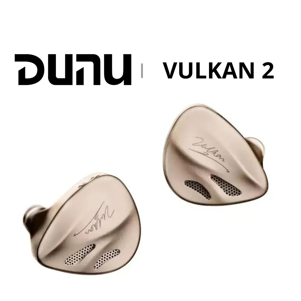 DUNU VULKAN 2 — IEM híbrido 2 Dynamic (10 mm sub-bass + 8 mm bass) + 6 Balanced Armature · crossover híbrido 4 vías (físico + electrónico) con 4 canales acústicos independientes · versiones 0,78 mm 2-pin o MMCX · cable Litz SPC 4-core con sistema Q-Lock Mini (3,5 mm / 4,4 mm) · carcasa aluminio aeroespacial CNC.