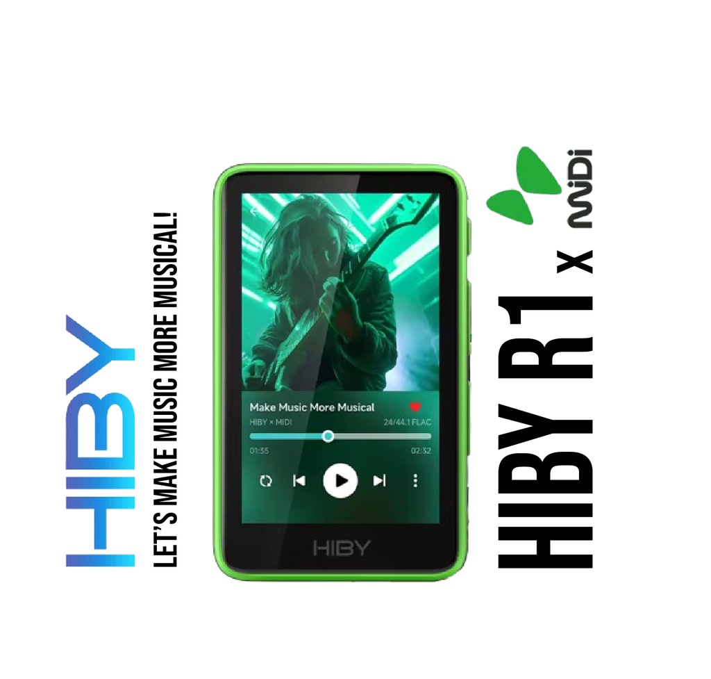 HiBy R1 × MiDi (Rock Edition) — DAP Hi-Fi ultracompacto con pantalla táctil de 3", DAC Cirrus Logic CS43131, HiBy OS, Wi-Fi y Bluetooth 5.1, microSD hasta 2 TB, salida 3,5 mm. Edición especial MiDi Rock con estética exclusiva.