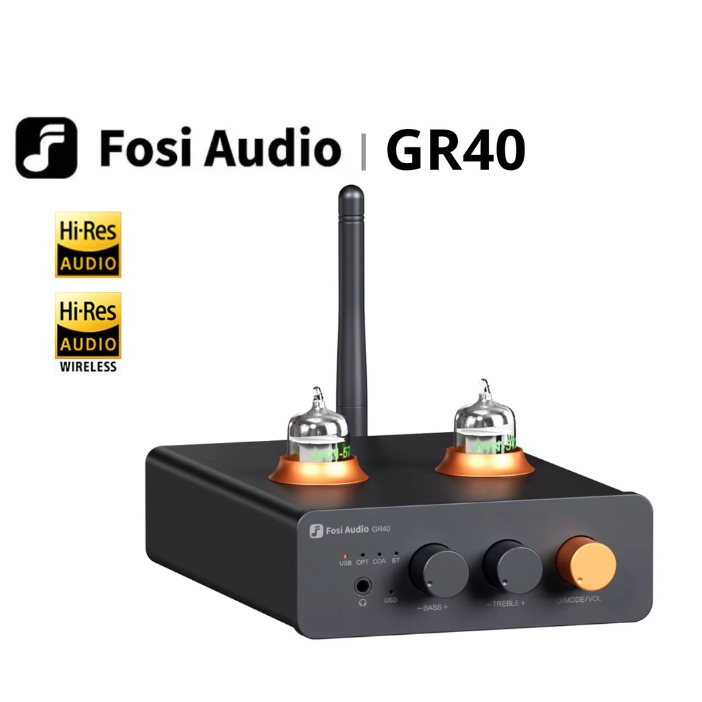 Fosi Audio GR40: DAC/AMP de Tubos para Escritorio | ESS9028Q2M | Válvulas GE 5654W | Bluetooth 5.1 aptX HD | Controles de Tono Físicos | Salida RCA / 3.5mm