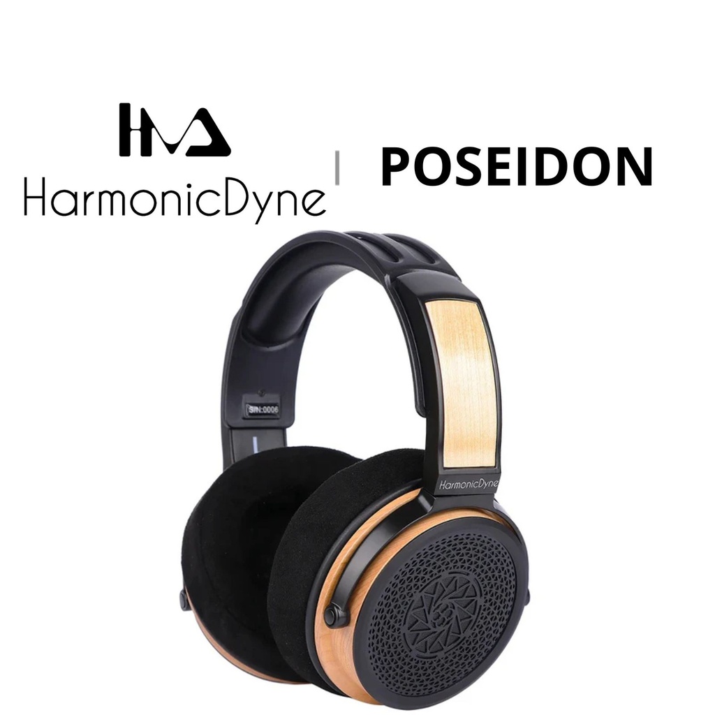 HarmonicDyne Poseidon — over-ear abierto con driver dinámico de 50 mm (diafragma de níquel puro) · 64 Ω · 103 dB · 10–40 kHz · THD ≤0,2% · copas en madera de arce · cable balanceado XLR-4 (incluye adaptador a 6,35 mm) · ≈380 g.