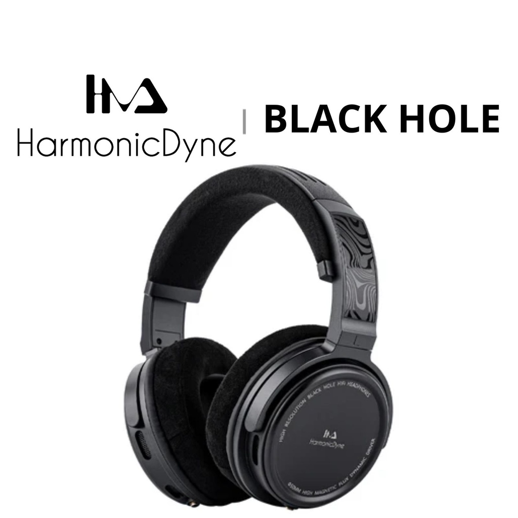 HarmonicDyne Black Hole — over-ear semi-abierto con driver dinámico de 50 mm, 32 Ω, 110 dB/Vrms, 10–40 kHz, THD ≤0,15%, cable OFC 1,5 m y conectores 3,5 mm.