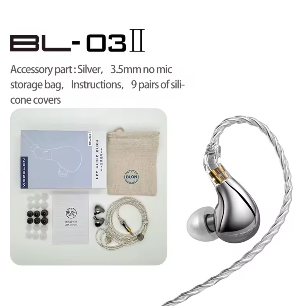 BLON BL03 II — IEM 10 mm Dual-Chamber Dynamic · carcasa aleación de zinc · 0,78 mm 2-pin · versiones 3,5 mm / 4,4 mm / USB-C